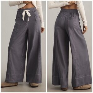 Maeve Anthropologie Tie-Waist Wide-Leg Contrast Stitch Linen Blend Pants Blue M